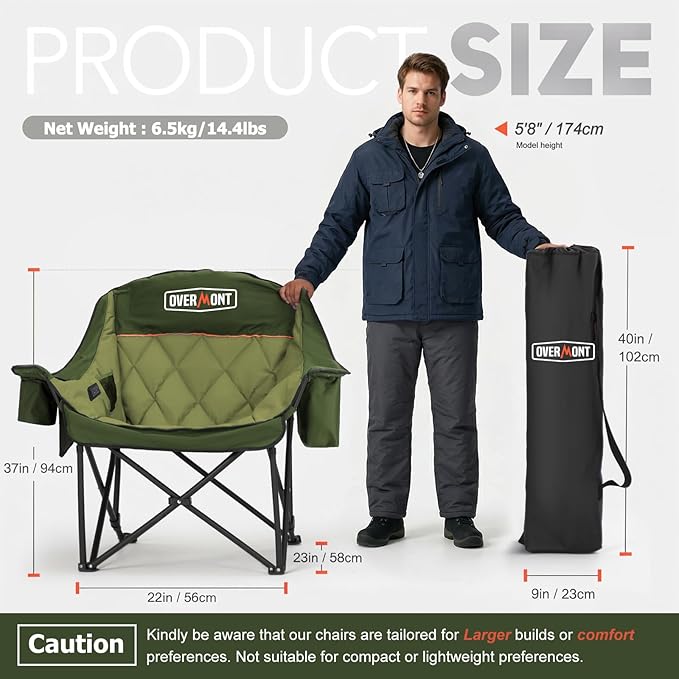 Overmont Oversized Camping Chair for Adults - 400lbs Support Heavy Duty Padded Folding Chair with Cooling Bag Cup Holder Side Pocket Carry Bag - Comfortable Portable for Outdoor Garden Sports Beach