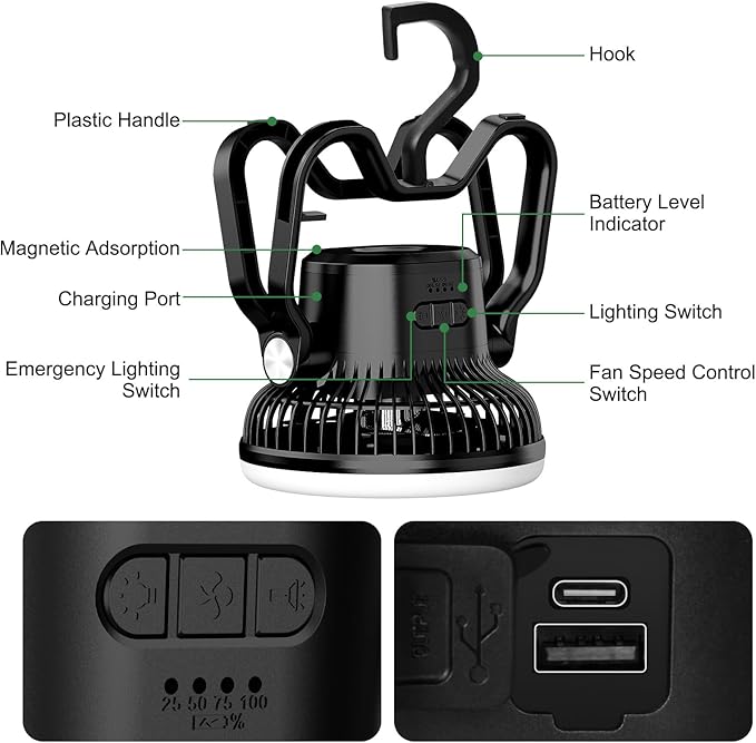 Portable Fan Rechargeable Camping Lantern-40Hrs,20000mAh Cordless Battery Operated Oscillating Fan with Remote,Hanging Hook and Magnetic Base, 3 Speeds for Tents, Outdoor, RV, Outage