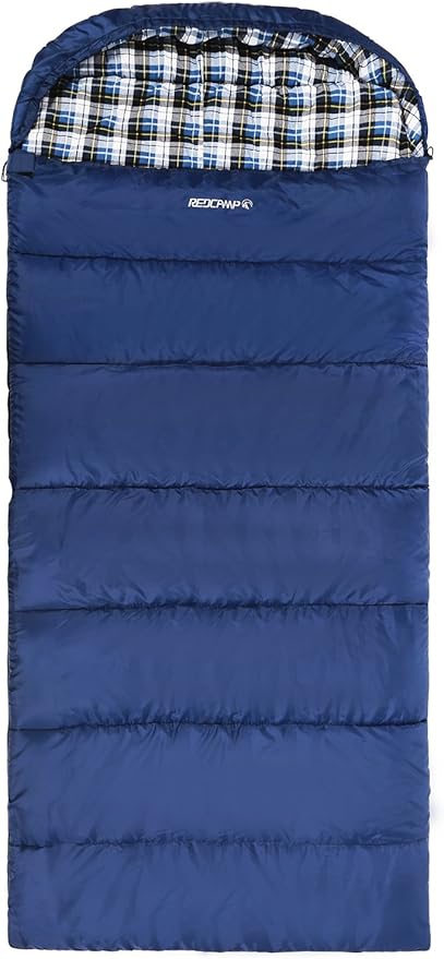 REDCAMP Flannel Sleeping Bag for Adults, Comfortable Cotton Sleeping Bags for Camping with Detachable Hood, Red/Grey/Blue/Black