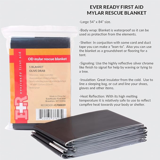 Ever Ready First Aid Mylar Rescue Blanket, Large Olive Thermal Sheet for Emergency and Survival, 54” x 84” – 20 Count