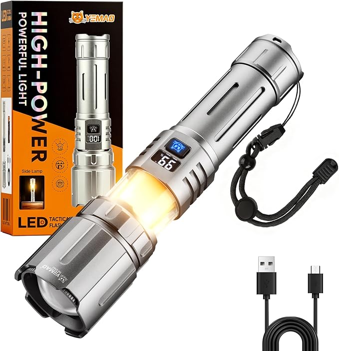Yemao EDC Flashlight Rechargeable with Camping Lamp,Zoomable Tactical Flashlight with 8 Modes,5000mAh LED Bright Flashlights Portable Flashlighst for Home,Camping,Travel,Emergency
