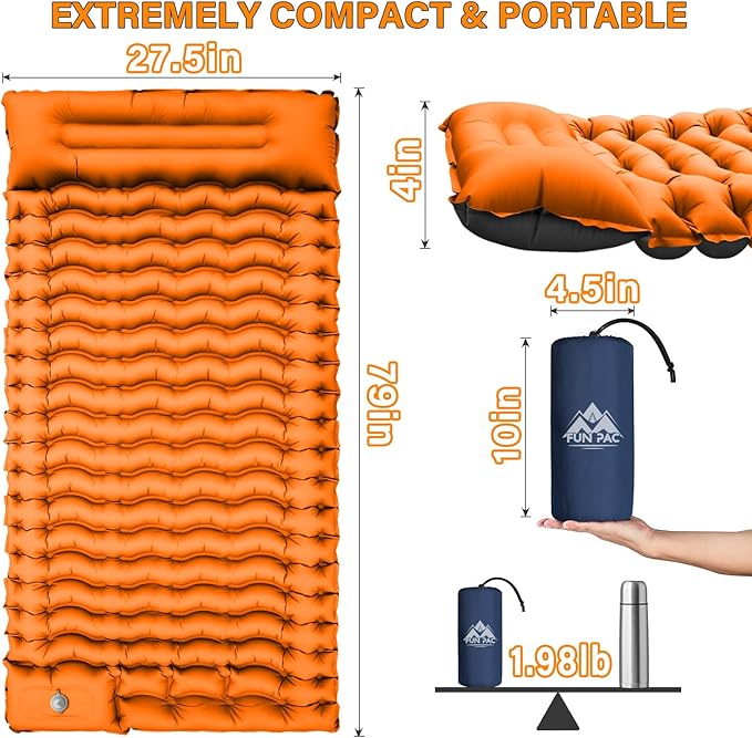 FUN PAC Camping Sleeping Pad, Ultralight Camping Pad with Pillow Built-in Foot Pump Inflatable Sleeping Pads Compact for Camping Backpacking Hiking Traveling - Orange