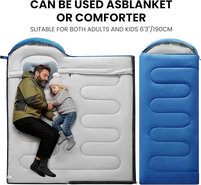Sleeping Bags for Adults & Kids Lightweight Waterproof 3-4 Season Warm with Inflatable Pillow–Compact Portable Sleeping Bag for Cold Weather Camping, Hiking, Travel, Indoor/Outdoor Use