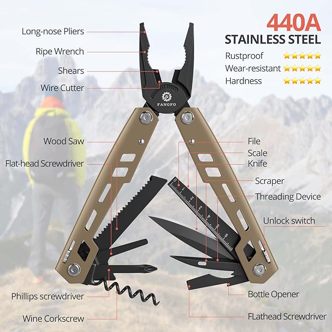 Multitool 17-in-1 Stainless Steel Multi Tool with Pocket Knife Needle Nose Pliers Bottle Opener Screwdriver Self-Locking Professional Multi-Tool for Outdoor Survival Gifts for Men(Brown)
