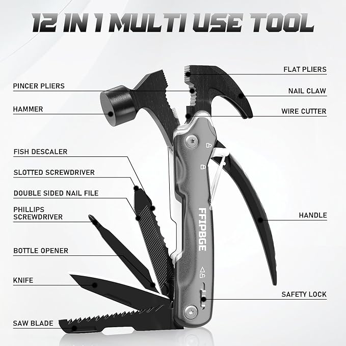 12 in 1 Hammer Multitool, Caming Mulititool with Screwdriver, Safety Lock and Durable Nylon Sheath, Christmas Stocking Stuffers for Men Adults, Birthday Gifts Survival Tools for Him, Dad, Grey