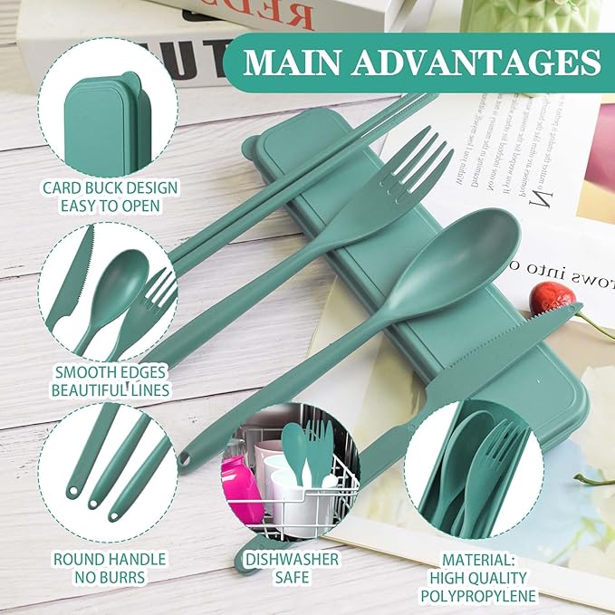 Large Reusable Travel Utensils Set with Case, Plastic Set for Adults Travel Picnic Camping, Portable Flatware Cutlery Set with Chopsticks for Daily Use(Dark Green)