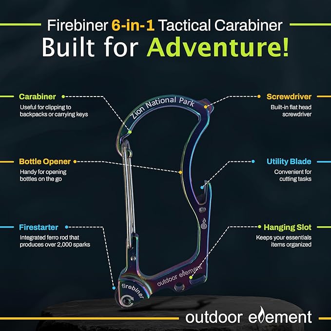 OUTDOOR ELEMENT Firebiner Custom Engraved 6-in-1 Fire Starter Carabiner Multitool – Survival Gear EDC Keychain with Utility Blade, Bottle Opener, Screwdriver, Emergency Tool