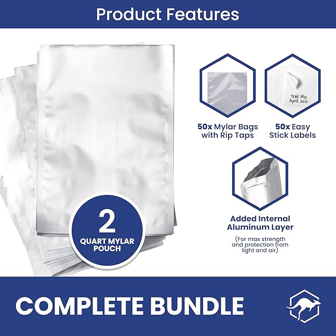 Wallaby 50 Count 2-Quart Mylar Bags with Labels, 10 Mil Total Thickness Long-Term Food Storage Pouches, 8x12 Heat-Sealable Airtight Packaging - Silver