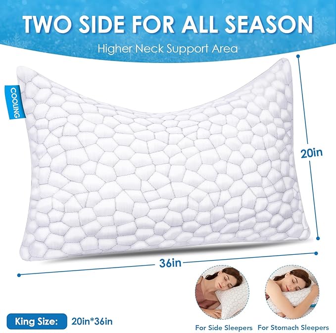 Cooling Pillow King Size Set of 2, Adjustable Bed Pillows for Sleeping, Luxury Shredded Memory Foam Side Sleeper Pillows, Firm Cervical Neck Pillow for Side Sleepers Neck Pain-Cool Cervical Pillows