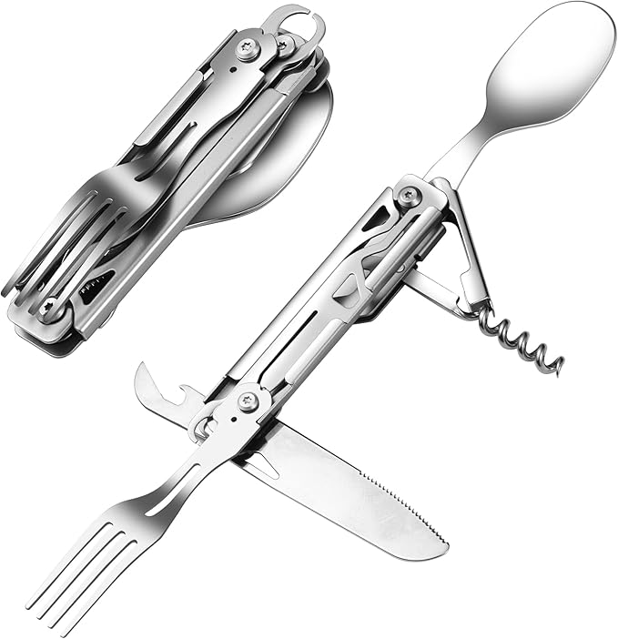 POXIMO Camping Utensils, 6-In-1 Detachable Stainless Steel Camping Flatware Multi-tool kits with Spoon Fork Knife Corkscrew Bottle&Can Opener, Folding Portable Cutlery Set for Travel Hiking Picnic