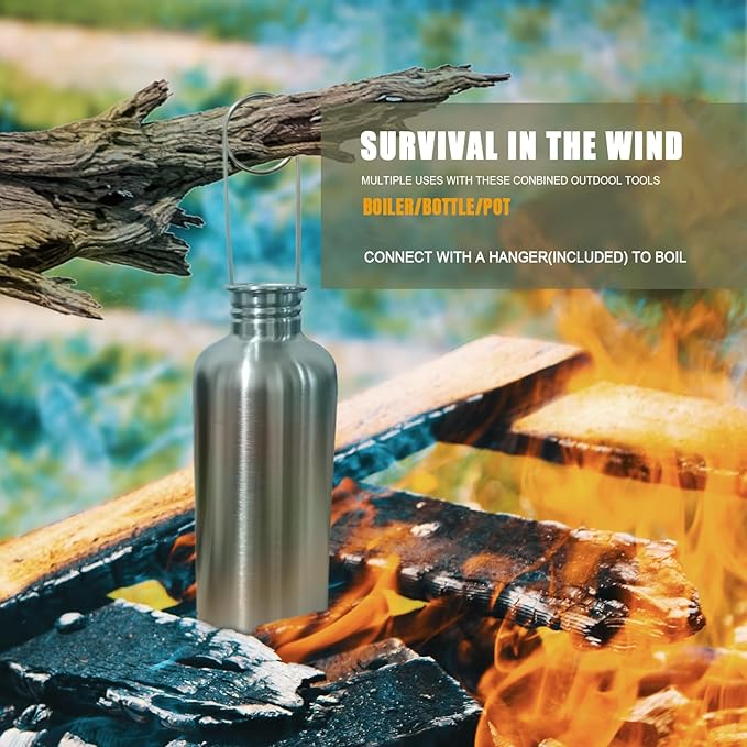 Survivor 3-in-1 Outdoor Canteen - 42oz Single Wall Water Bottle with 24oz Nesting Camping Cup & Carrying Bag | 18/8 Stainless Steel | Wide Mouth Design | Outdoor Survival Bushcraft Gear