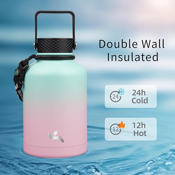 Konokyo Insulated Water Bottle with Straw,50 oz 3 Lids Water Jug with Carrying Bag,Paracord Handle,Double Wall Vacuum Stainless Steel Metal Flask,Gum