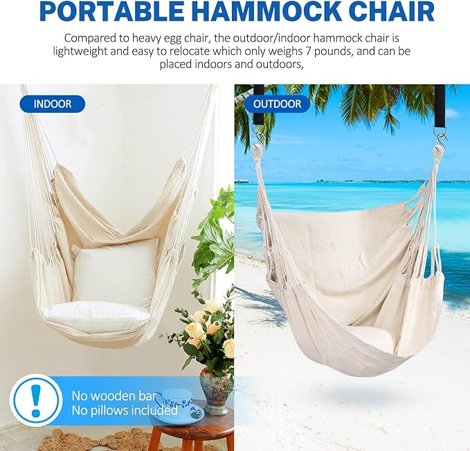 KPX Ourdoor Hanging Hammock Chair – Comfortable Tree Swing Chair Large Size 110X130cm（Without Pillows） - 330 Lbs Weight Capacity (White)