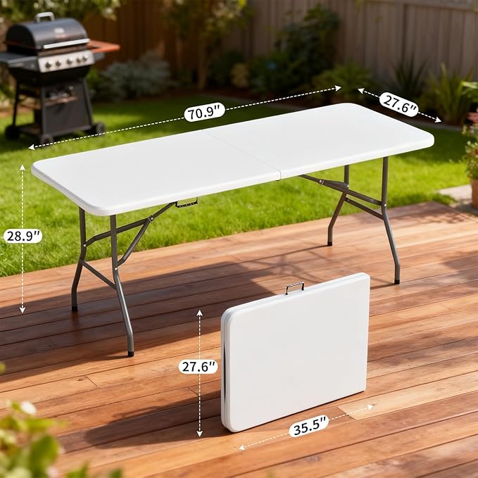 BestOffice 6 FT Picnic Table, Portable Plastic Folding Table with Carrying Handle Perfect for Picnics, Parties, Party and Camping, White