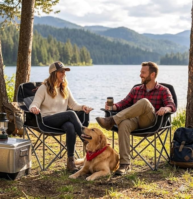 FAIR WIND Oversized Padded Camping Chair Heavy Duty Quad Fold Arm Chair Portable for Outdoor - Support 500LBS, Black