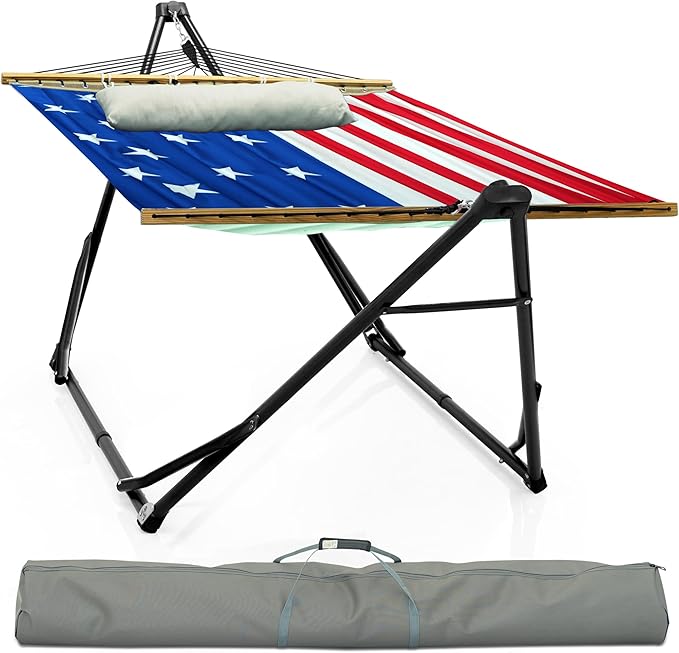 Tranquillo Unity Adjustable Hammock Stand, 800 lbs Capacity Steel Double Hammock Stand for 2 Persons, Premium Pre-Assembled Stand for Indoor Outdoor (American Flag)