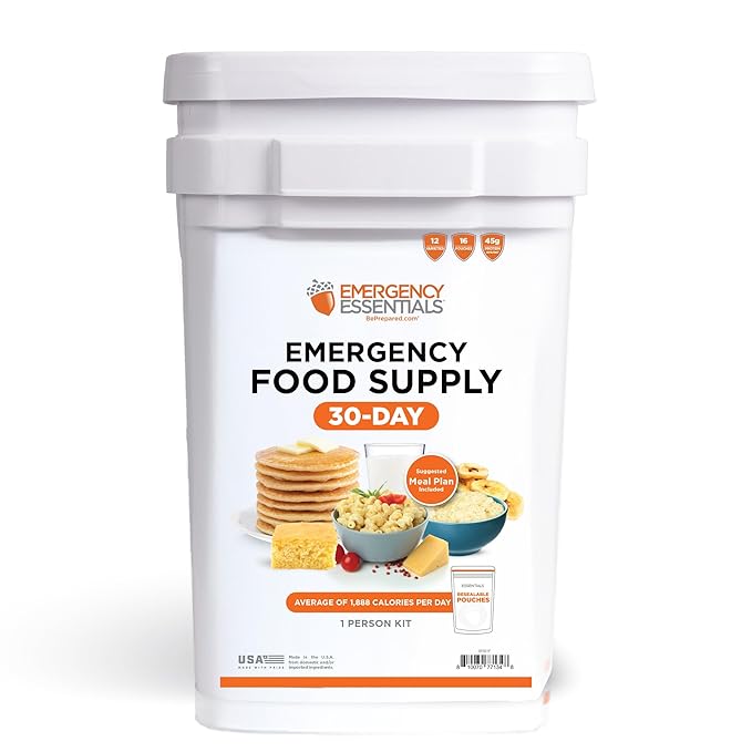 Emergency Essentials 1-Month Emergency Food Supply Bucket, 257 Servings, 56,650 Calories | Long-Term Survival Food Kit for Disaster Preparedness, Camping, and Power Outages