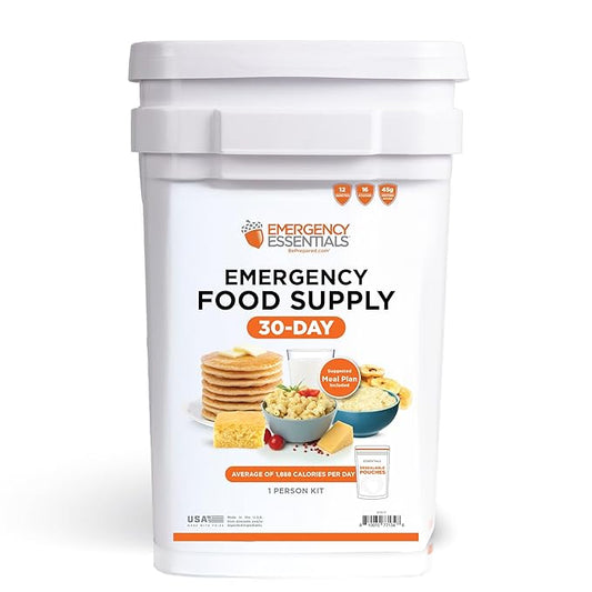 Emergency Essentials 1-Month Emergency Food Supply Bucket, 257 Servings, 56,650 Calories | Long-Term Survival Food Kit for Disaster Preparedness, Camping, and Power Outages