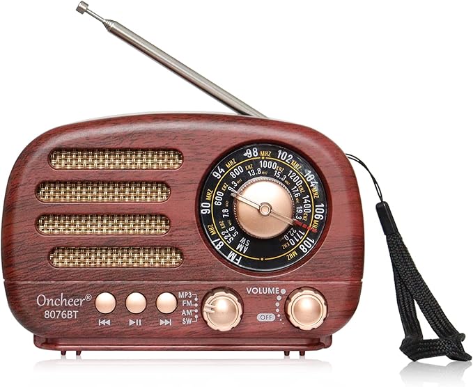 Oncheer Portable Vintage Radio Retro Bluetooth Speaker, FM/AM/SW Old Fashion Classic Style, Adjustable Antenna, Rechargeable Battery Powered & USB Charging, Support TF Card, USB Mp3 Playing Music