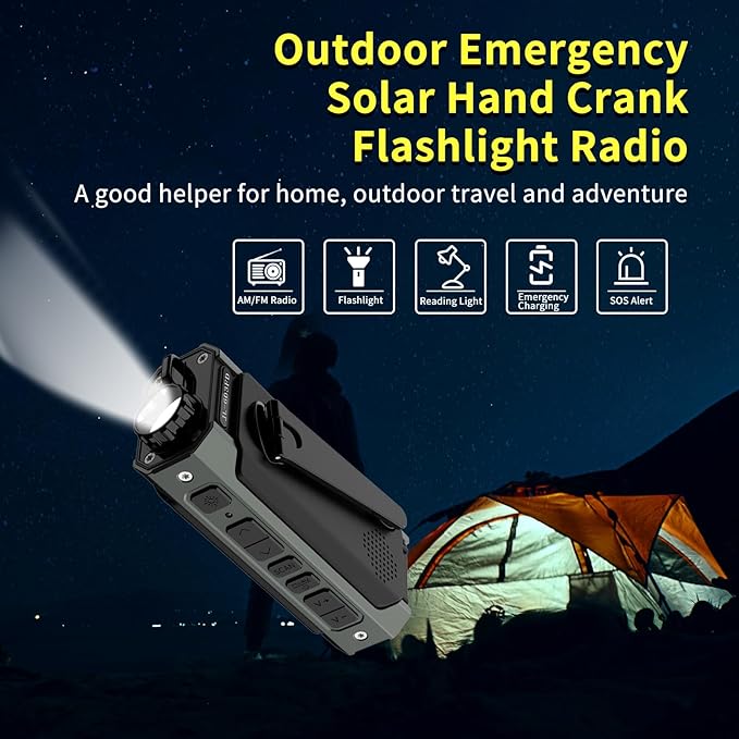 NOAA/AM/FM Weather Radio with Flashlight，Solar Hand Crank Radio,USB Type-C Charging, Cellphone Charger, SOS Alarm,Compass for Indoor Outdoor Emergencies