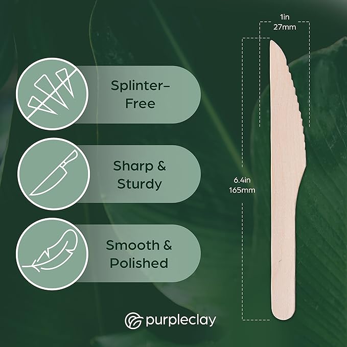PURPLECLAY Wooden Knives Disposable – 300 Piece Wood Compostable Knives, Eco-Friendly Biodegradable Cutlery Set, Charcuterie Accessories Disposable, Wooden Knife for Parties, Plastic-Free Utensils