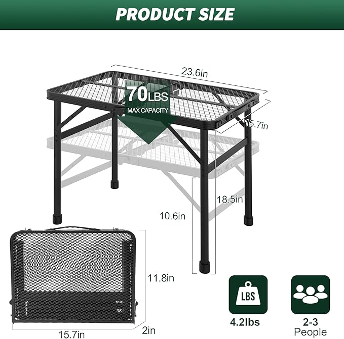 WildFinder Folding Table, 2x1.3 FT Camping Table with Mesh Desktop,Folding Grill Table with Mesh Bag,Portable Outdoor for Picnic,Camping,BBQ,Beach(Black)