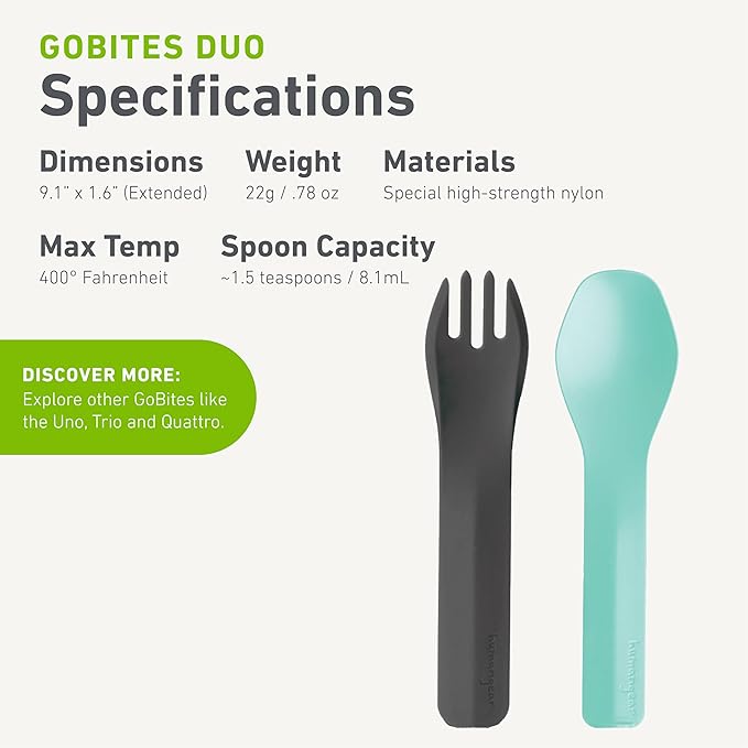 humangear GoBites Duo - Travel Silverware, Full Size Portable Fork & Spoon, Reusable Utensil Set, PC and BPA-free, Food-Safe, ﻿Extended - 9.1” X 1.6”