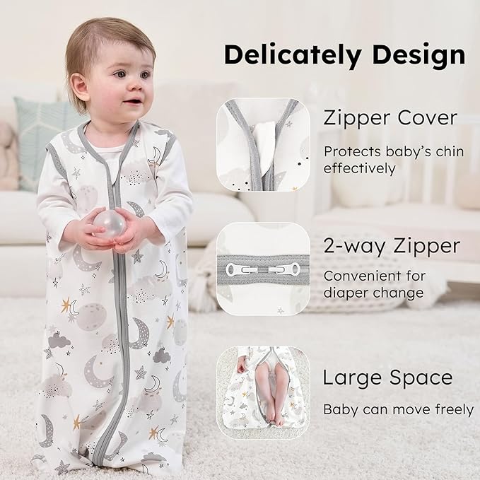 Baby Sleep Sack 0-6 months, 100% Cotton Sleeping Sack for Newborn and Infant, 3 Pack Baby Wearable Blanket for Boy and Girl, 0.5 Tog Lightweight Double Zipper Sleep Bag Grey Moon Bear