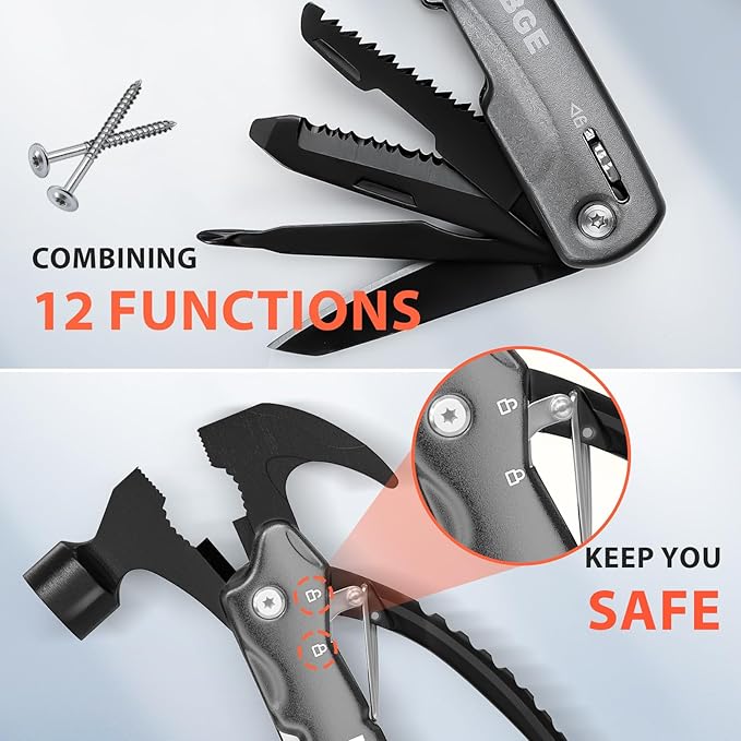 12 in 1 Hammer Multitool, Caming Mulititool with Screwdriver, Safety Lock and Durable Nylon Sheath, Christmas Stocking Stuffers for Men Adults, Birthday Gifts Survival Tools for Him, Dad, Grey