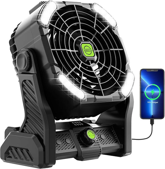 20000mAh Rechargeable Fan Portable, 270°Cordless Battery Powered Fan with LED Lantern, USB Camping Fans Battery Operated for Travel Tent Beach Fish Bedroom Desk Table