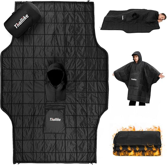 Camping Blanket with Zipper Pocket, 85'' x 61'' Large Wearable Hooded Blanket, Ultralight Warm Sleeping Bag, Windproof Camping Poncho for Outdoor Stadium Sports Gaming Hiking Picnic Concerts