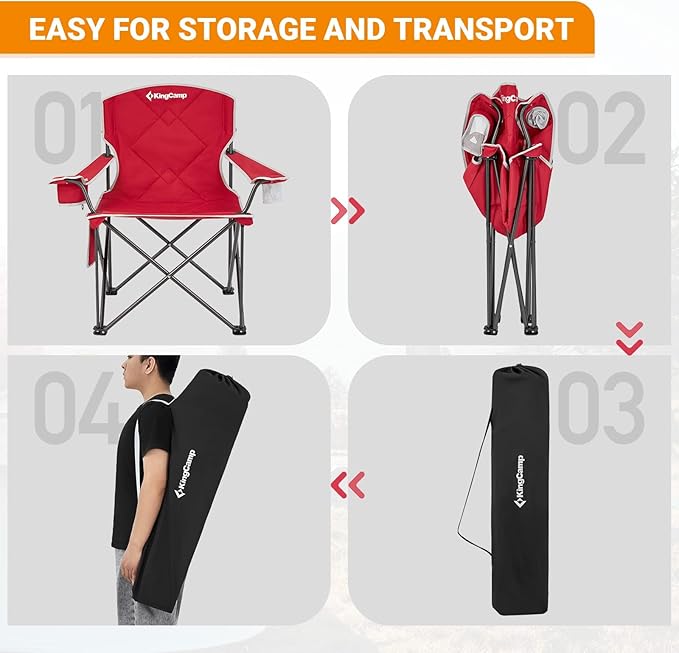 KingCamp 2pack Red Oversized Camping Chair with Cup Holder & 3 Storage Pockets - Heavy-Duty 360lbs Capacity Folding Lawn Chair, Portable Compact Foldable Outdoor Chair for Camping, Fishing, BBQ