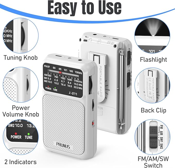 PRUNUS J-211 Portable Radio AM FM with USB Charging and AA Battery Operated, Transistor Radio, Strong Reception& Clear Speaker, Headphone Jack, Back Clip, Lanyard, Small radios Portable AM FM
