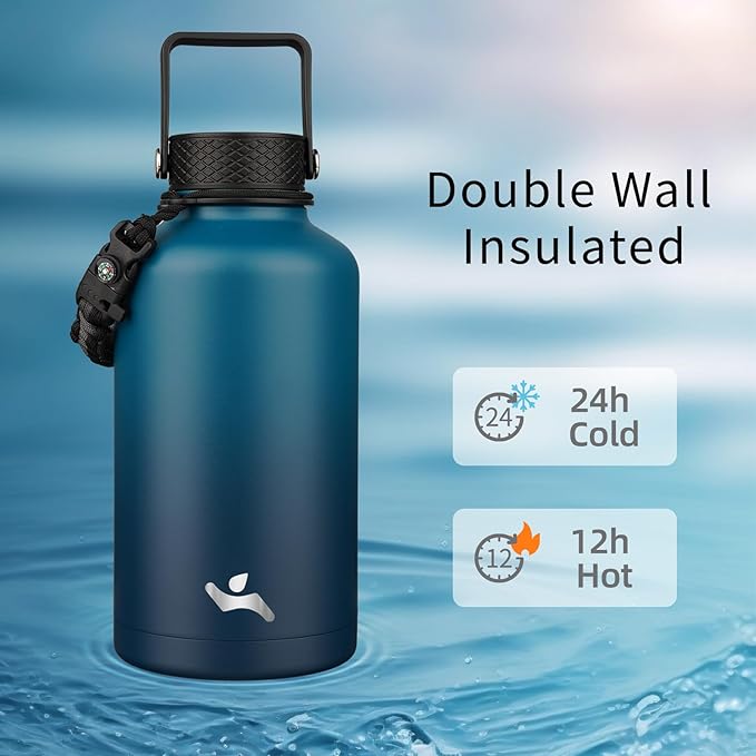 Konokyo Insulated Water Bottle with Straw,87 oz 3 Lids Water Jug with Carrying Bag,Paracord Handle,Double Wall Vacuum Stainless Steel Metal Flask,Indigo Black