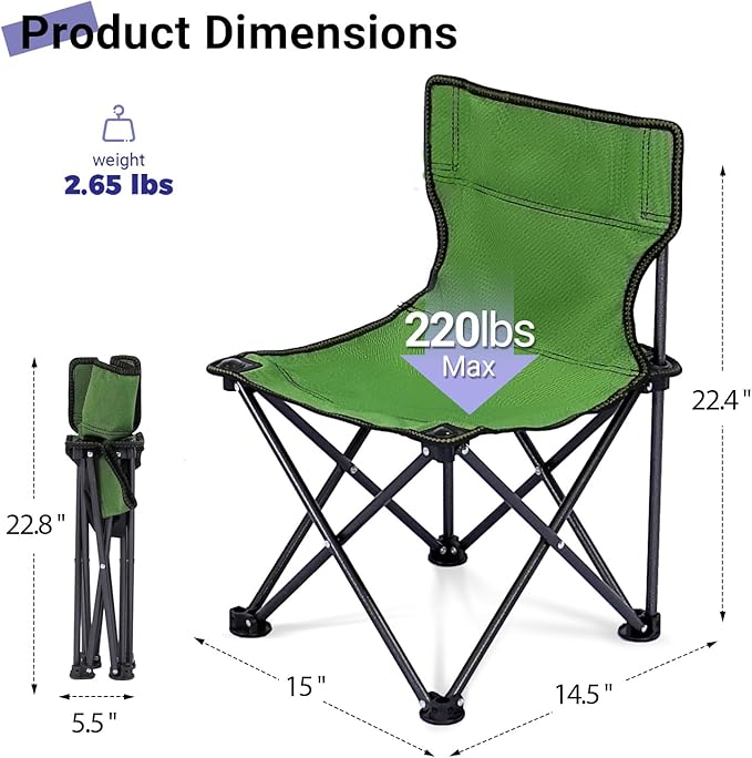 Byliable Kids Camping Chair, Kids Folding Chair for Outdoor, Lightweight Backpacking Chair, Armless Foldable Lawn Chair for Outdoor Camping Hiking Beach Sports and Picnic, Green, with Carry Bag