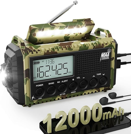 AUTO NOAA Emergency Weather Radio with Clear Signal, 2X Faster Hand Crank & 12000 Battery Operated, SW/AM/FM Portable Solar Radio with 6-Way Power, Flashlight, Phone Charger, SOS for Home, Outdoor