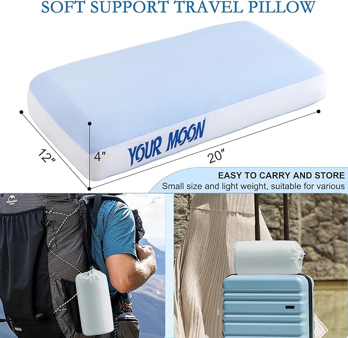 YOUR MOON Memory Foam Travel Pillow, Pure Cotton Cover, Small Compressible Camping Pillow for Sleeping, Portable Backpacking Support Pillows for Hiking, Car (Blue White)