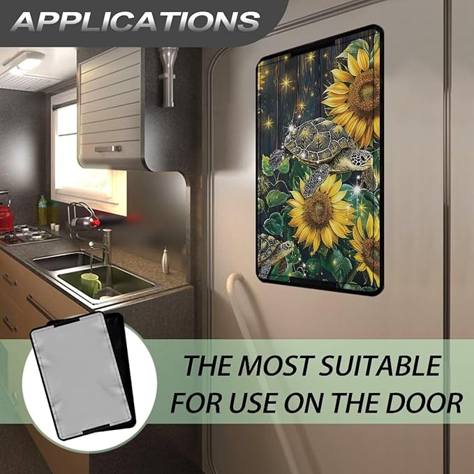 RV Door Window Shade Cover Blocking UV Rays & Heat Protection, Turtle Sunflower Portable Camper Trailer Door Blackout Windshield Cover, Foldable RV Accessories Sun Shade