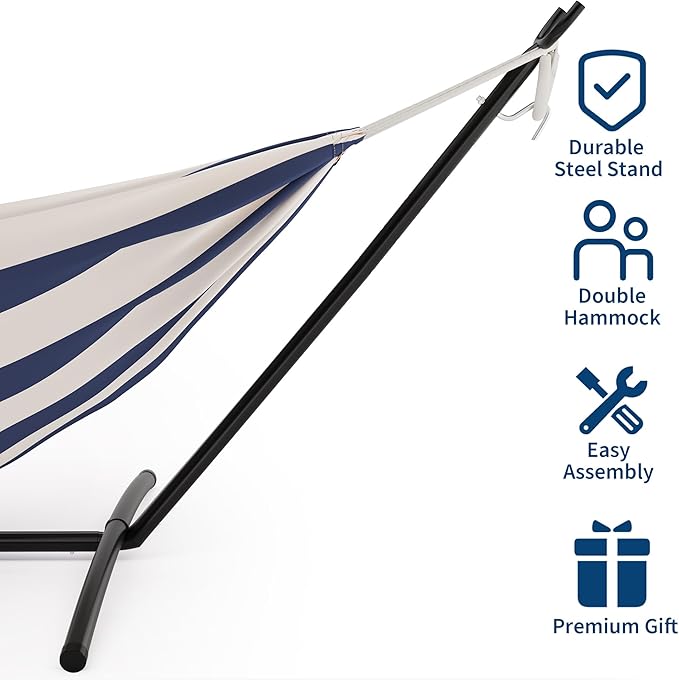 Double Hammock with Steel Stand - 2 Person Hammock Bed Indoor Outdoor, Brazilian-Style, with Carry Bag, 450lb Capacity, Portable & Easy Assembly, Blue&White