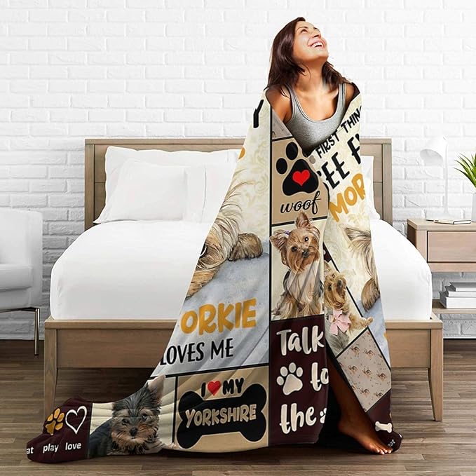Funny Dog Blanket Soft Warm Cute Kawaii Yorkshire Terrier Dog Plush Throw Blanket Cozy Lightweight Flannel Bedding Decor Fleece Blanket Gifts for Girls Boys Kids Women 40"x50"