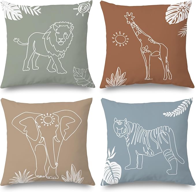 SPBL&L Woodland Animals Nursery Pillow Covers 18x18, Cute Cartoon Tiger Lion Giraffe Elephant Decorative Pillow Covers for Nursery Kids Room Playroom Classroom Decor, Jungle Nursery Decor, Set of 4