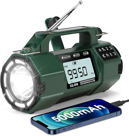 Emergency NOAA Weather Alert Radio FM/AM/SW, Hand Crank Radio Solar Powered with Battery Drawer, USB-C, Flashlight, SOS Alarm, Sleep Timer Clock Alarm for Home/Outdoor Emergencies