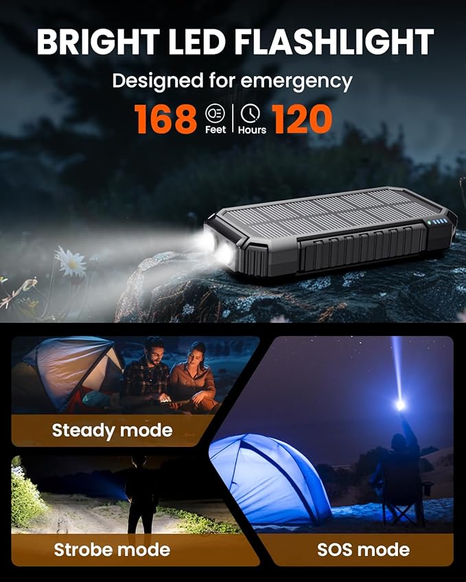 Riapow Solar Charger Power Bank - 27000mAh Wireless Portable Charger Built in 2 Cables - 22.5W Fast Charging Battery Bank with USB C in/Output - PD QC 3.0 Battery Pack Flashlight for Outdoor