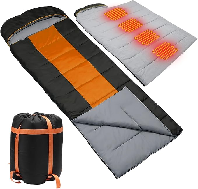 Longzhuo Heated Sleeping Bags for Adults Kids - Portable USB Power Warm Sleeping Bag for Camping with 4 Heating Zones, Cold Weather Sleeping Bag for All Season Camping Hiking Backpacking
