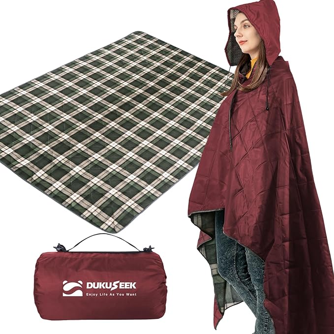 DUKUSEEK Waterproof Camping Blanket with Super Thick Fleece Lining, Large Outdoor Blanket Windproof with Foldable Hood for Camping Stadium Sporting Events,79"x 58"