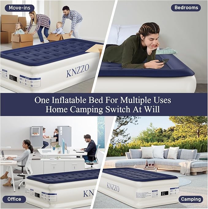 KNZZO Air Mattress Twin with Built-in Pump, Blow Up Mattress with Soft Flocked Top, Leakproof Inflatable Mattress, Foldable Waterproof Air Bed for Home, Guests, Camping, with Storage Bag
