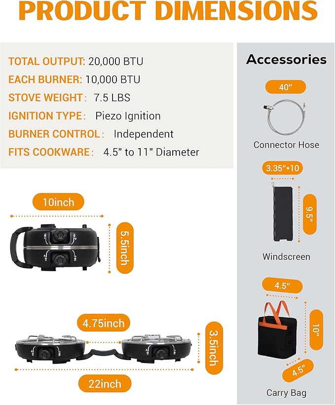 Propane 2-Burner Camping Stove with Windscreen, Portable& Foldable Camping Stoves with Carry Bag, 20000 BTU Camp Stove with Adjustable Burners& Piezo Ignition for Camping& Outdoor (Black)