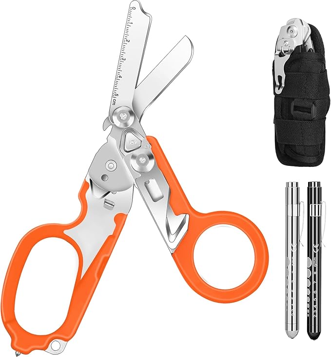 6 In1 Multifunction Emergency Response Shears, Stainless Steel Foldable Trauma Shears with Strap Cutter and Glass Breaker,Medical Scissors with Holster and Penlight Orange
