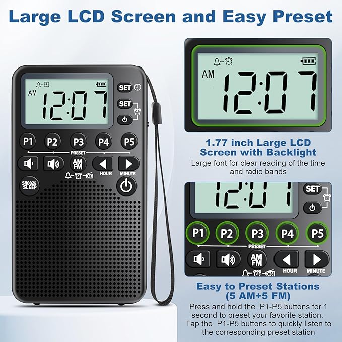 Battery Operated Portable Pocket AM/FM Radio | Digital Tuning, Loud Speaker, Excellent Reception | Portable Emergency & Outdoor Radio with LCD Screen, Alarm Clock, Preset, Sleep Timer, Snooze