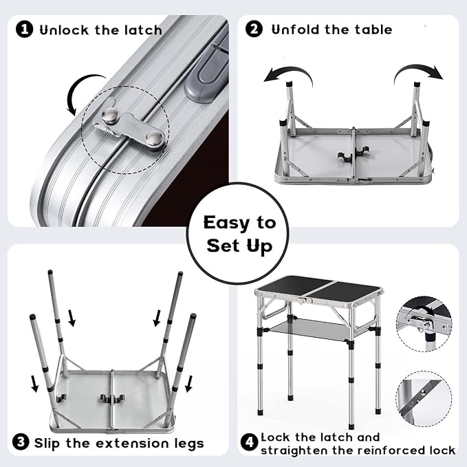YihuiKo Small Folding Table, Aluminum 24" x 16" Adjustable Height Max 27.5" Folding Camping Table with Carrying Handle, Lightweight, Portable Camp Table for Outdoor Indoor Picnic Beach, Black